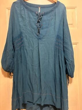 Free People Blue Peasant Lace-Up Women's Tunic Top or Dress oversized